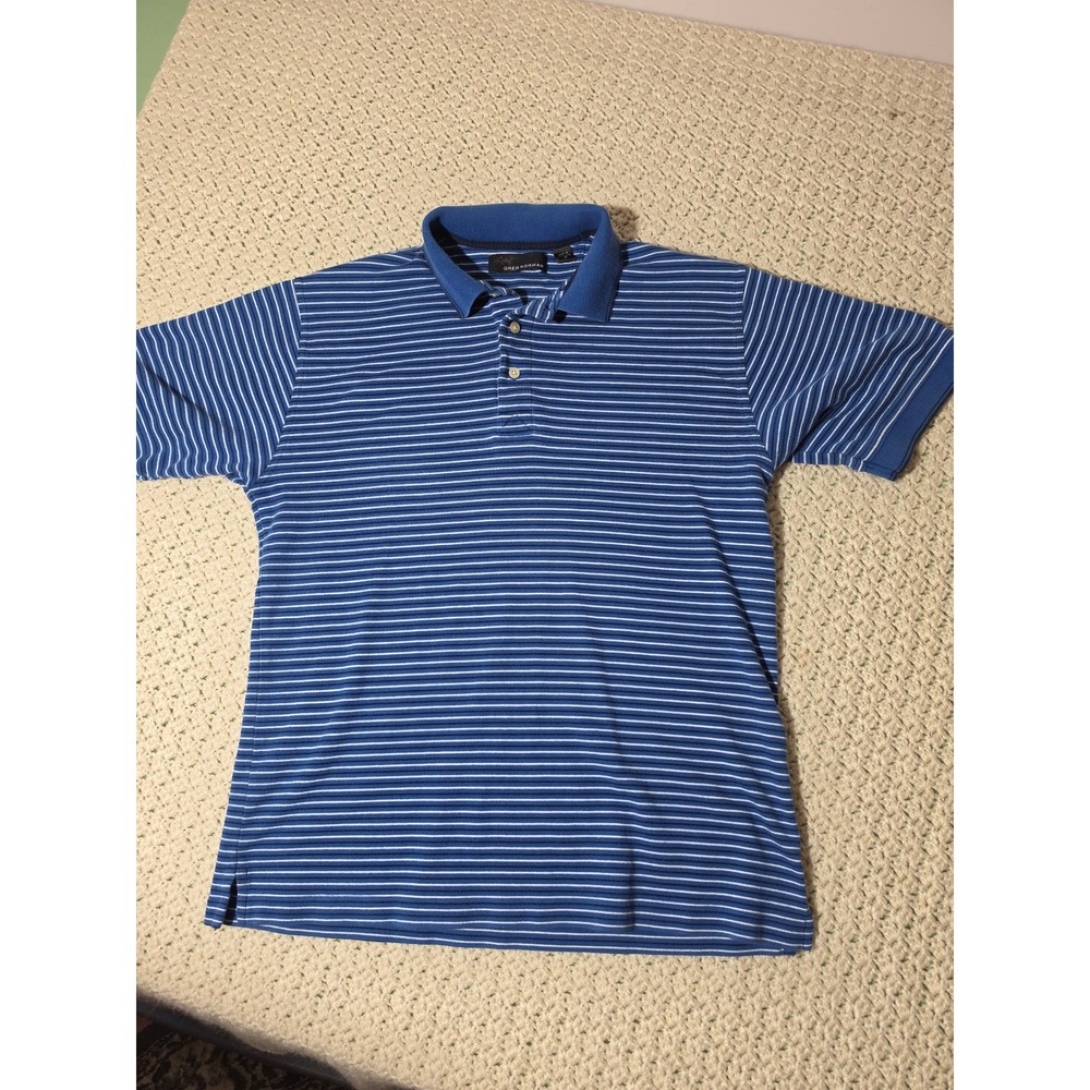 Greg Norman Polo Shirt Mens Medium Blue Striped Excellent Short Sleeve Cotton